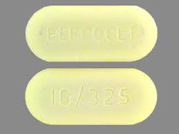 Percocet 10 mg-325 mg Yellow Oval Tablet – Oxycodone and Acetaminophen. Yellow oval Percocet 10 mg-325 mg tablet imprinted “PERCOCET 10/325” for oxycodone/acetaminophen pain relief