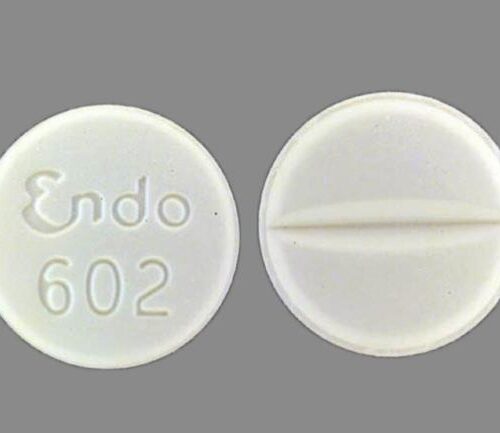 Endocet 5-325 mg White Round Tablet – Oxycodone and Acetaminophen White round Endocet 5-325 mg tablet imprinted “Endo 602” representing oxycodone/acetaminophen pain relief medicine.