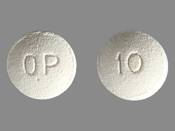 OxyContin 10 mg Extended‑Release Tablet – Oxycodone Pain Medicine. White round OxyContin 10 mg tablet (extended‑release oxycodone) with “OP 10” marking.