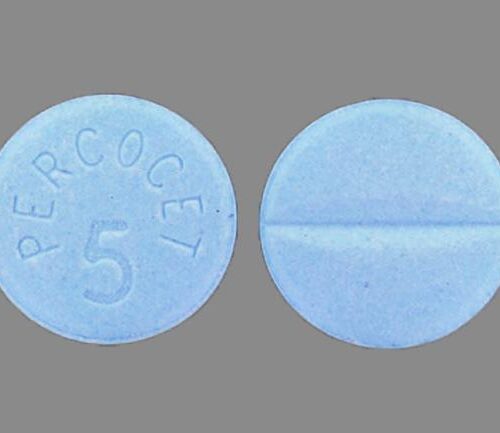 Percocet 5-325 mg Blue Tablet – Oxycodone and Acetaminophen. Blue oblong Percocet 5-325 mg tablet imprinted “PERCOCET 5/325” for oxycodone/acetaminophen pain relief.