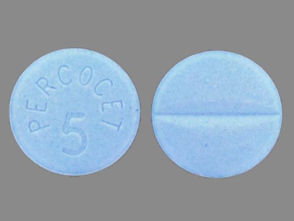 Percocet 5-325 mg Blue Tablet – Oxycodone and Acetaminophen. Blue oblong Percocet 5-325 mg tablet imprinted “PERCOCET 5/325” for oxycodone/acetaminophen pain relief.