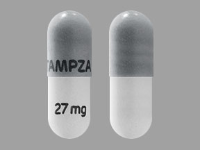 Xtampza ER 27 mg Extended-Release Oxycodone Capsule for Chronic Pain. Xtampza ER 27 mg extended-release oxycodone capsule — gray and white pain relief medicine.